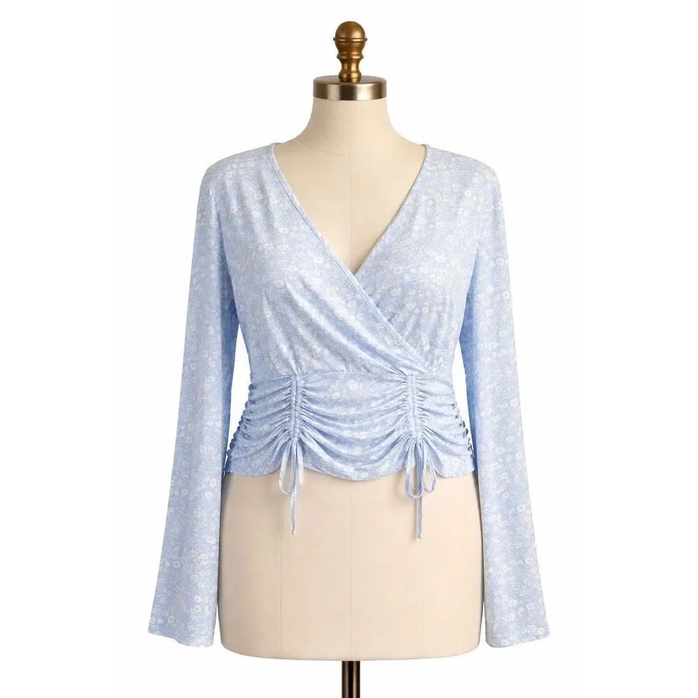 No Boundaries XXL Blue Floral Wrap Ruched Top Cottagecore Soft Girl Eco Chic